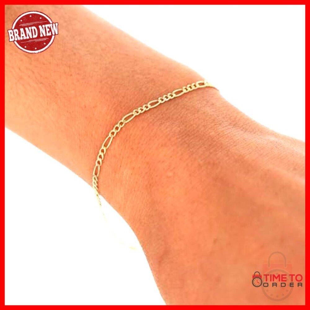 10K Yellow Gold Figaro Chain Bracelet Elegant Minimal Classic Italian Jewelry - Picture 5 of 7